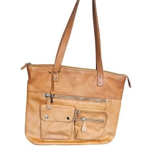 VTG Fossil Gold Pebbled Leather Tote Bag W/ Multiple Pockets & Zipper Closure